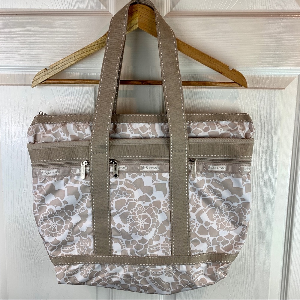 Lesportsac tote bag, white with taupe print